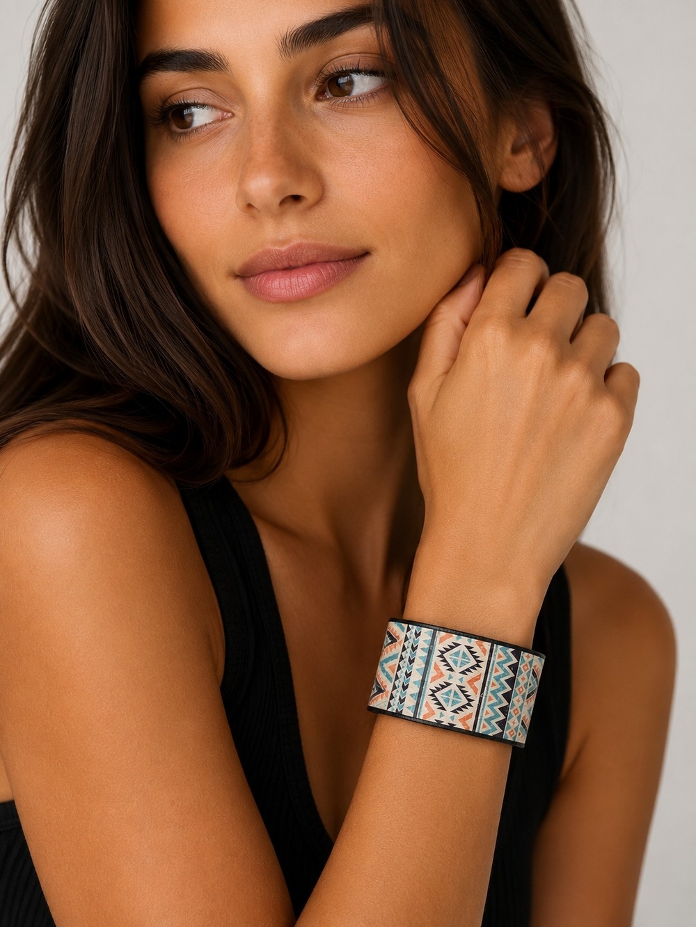 Story Ny Davinci Aztec Print Leather Cuff Bracelet in Turquoise & Coral - NWT